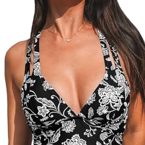 CUPSHE VNeck Double Straps Cross Back Tie One Piece Swimsuit Black White Floral - Picture 4 of 13
